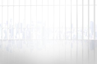 Şehre bakan geniş pencereli beyaz oda