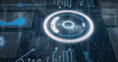 Arayüz üzerinde dairesel HUD gösteriliyor, grafikler, dalga formları, formüller, devre ve ikili veriler gösteriliyor. Fütürist, dijital, yüksek teknoloji, arayüz, teknoloji, veri görselleştirme, siber