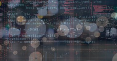 Kodu ağ düğümleri ve bokeh ile birleştiren dijital veri gösterge paneli görselleştirmesi gösteriliyor. Fütürist, teknoloji, analitik, soyut, veri, dijital, görselleştirme