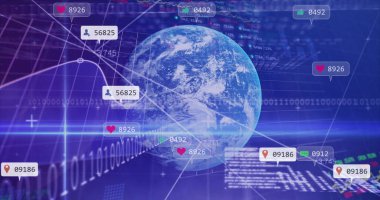 Sosyal medya ölçümleri ve grafikleriyle sanal veri ortamında dönen 3D Dünya küresi. Teknoloji, görselleştirme, analitik, veri, dijital, yenilik, gelecekçilik