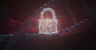 Yüzen parlayan asma kilit simgesi, kırmızı ve beyaz ağ akışlarıyla karanlık siber uzayda parıldıyor. Siber güvenlik, veri koruması, engelleme zinciri, dijital güvenlik, ağ görselleştirme, soyut teknoloji, fütüristik