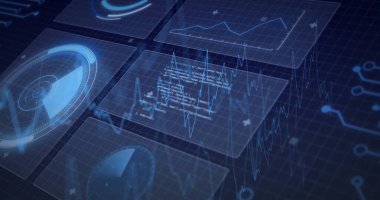 Koyu mavi şebeke üzerinde holografik paneller yüzüyor grafikler, çizelgeler, göstergeler, kod ve düğümler gösteriyor. Gelecek, teknoloji, veri, görselleştirme, arayüz, dijital, yenilik