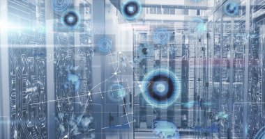 Merkezi sunucu raflarının veri merkezinde, ağ düğümlerinde yanıp sönen LED 'lerle veri grafiklerini gösterilmesi. Teknoloji, siber güvenlik, yenilik, dijital, altyapı, bağlantı, fütürist