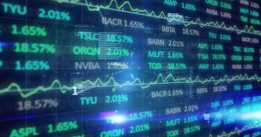 Parlak elektronik borsa verilerini neon yeşil çizgi grafiğiyle ticaret masası ekranında gösteriyor. Teknoloji, finans, veri görselleştirme, dijital arayüz, fütüristik, analitik, yatırım