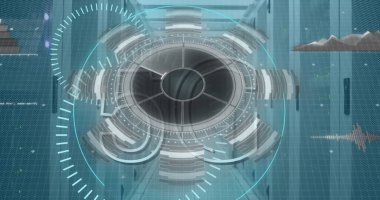 Veri merkezindeki reticle sunucularını hedef alan halka çubuklarını gösteren dairesel HUD görüntüleniyor. Gelecek, teknoloji, arayüz, görselleştirme, dijital, siber güvenlik, veri