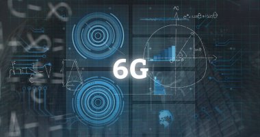 HUD elemanları, şeffaf veri panelleri ile soyut arayüz sahnesinde merkezi 6G metni gösteriliyor. Teknoloji, dijital, yenilik, gelecek, veri, arayüz, görselleştirme