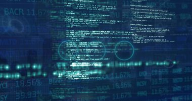 Ticari ekrandan geçen kod paneli gösteriliyor, saat dizgileri ve dairesel örtüler gösteriliyor. Gelecekçi, veri görselleştirme, teknoloji, siber, dijital, analitik, ui tasarımı