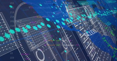 Şeffaf paneller ve kod satırları ile şebekede görünen karmaşık siber güvenlik arayüzü. Teknoloji, veri görselleştirme, dijital, soyut, yenilik, analiz, ağ