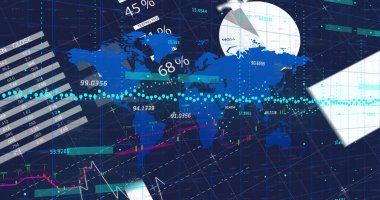 Dünya haritası silueti ve trend çizgisi ile karanlık şebekede küresel finansal veri grafiği gösteriliyor. Analizler, veri görselleştirme, finans, teknoloji, iş zekası, bilgi grafikleri, dijital