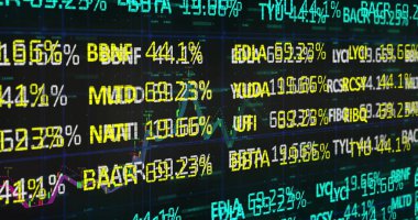 Ticari ekranda finansal veriler gösteriliyor, işaretli semboller, yüzde değerleri, çizgi grafikleri. Borsa, finans, veri görselleştirme, teknoloji, yatırım, analitik, algoritma