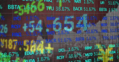 Bulanık şehir gökdelenlerinde dijital hisse senedi gösterimi, yüzde değişiklikleriyle birlikte. Futuristik, teknoloji, finans, neon, kentsel, veri, analitik