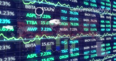 Ekranda kaydırma saatleri, yüzde değerleri ve küresel kaplama ile finansal gösterge paneli gösteriliyor. Futuristik, veri görselleştirme, analitik, teknoloji, finans, dijital, yüksek teknoloji