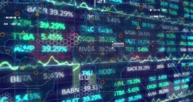 Dünya haritasında yüzdeleri, işaretleri, grafikleri, altıgen ızgaraları ve çerçeveleri gösteren gösterge paneli gösteriliyor. Teknoloji, analitik, fütüristik, veri görselleştirme, yenilik, dijital arayüz, finans