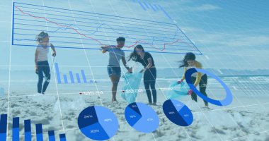 Plaj kıyısındaki çöpleri plastik torba ve finansal grafiklerle temizleyen gönüllüler. Çevre, sürdürülebilirlik, koruma, takım çalışması, açık hava, toplum, çevre dostu