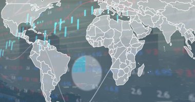 Şamdanların çizgi grafiklerini ve dairesel renklendirmeleri gösteren veri arayüzü üzerinden harita ana hatları gösteriliyor. Küresel, analitik, bilgi, finans, teknoloji, dijital, yatırım