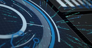 Mavi deniz mavisi çizgileri ve dikdörtgen paneller ile dijital arayüzde dairesel veri görüntüsü gösteriliyor. Fütürist, dijital, teknoloji, arayüz, veri görselleştirme, hud, siber