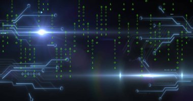 Devre izleri dijital ekranda düşen yeşil çift haneli rakamlarla birleşiyor, lens fişekleri. Teknoloji, siber güvenlik, yenilik, veri görselleştirme, fütüristik, ağ, dijital arayüz