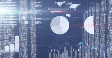 Pasta grafikleri, çubuk grafikleri ve dünya haritası simgeleri ile sanal arayüzde finans paneli gösteriliyor. Teknoloji, veri, analiz, finans, dijital, fütüristik, görselleştirme