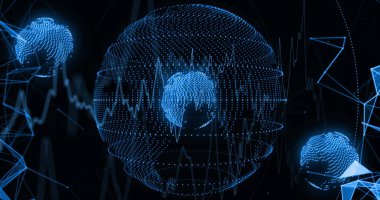 Sanal sanal uzayda yuvalanmış kürelerle mavi noktalar yayarak yüzen merkezi holografik küre. Fütürist, dijital, bilim kurgu, teknoloji, soyut, ağ, yenilik