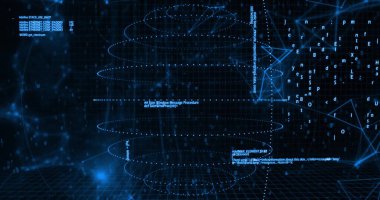 Siber uzayda dönen noktalı eliptik halkalar, parlayan 3D ızgara, yüzen kod, ağ düğümleri. Fütürist, dijital, dolambaçlı, sanal, teknoloji, soyut, yenilik