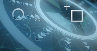 VR kontrol panelinde oklu halkalar, kare simgeler, ızgara çizgileri ve ağ çizgileri gösteriliyor. Fütürist, teknoloji, dijital, arayüz, siber, görselleştirme, soyut