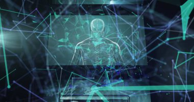 Sanal laboratuvar arayüzünde dönen holografik iskelet taraması gösteriliyor, veri düğümleri gösteriliyor. Tıbbi görselleştirme, geleceksel teknoloji, veri analizleri, dijital arayüz, bilimsel araştırma, yenilik, sibernetik