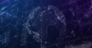 Sanal ortamda, ağ düğümleri ve dijital ağ örgüleriyle, kablo küresi titreşimleri gösteriliyor. Gelecek, teknoloji, dijital, ağ, bağlantı, soyut, siber