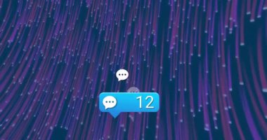 Sohbet baloncuğu aşağı doğru sürükleniyor. Rozet beliriyor, sayıyı güncelliyor. Nişan artışını görselleştiriyor. Dijital, teknoloji, yenilik, iletişim, animasyon, fütüristik, ağ