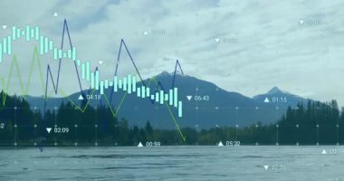 Göl üzerindeki pazar eğilimlerini göstermek için şeffaf örtüşme ve şamdan ve çizgi grafikleri oluşturma. Doğa, sükunet, veri görselleştirme, finansal analiz, minimalist, dijital, manzara
