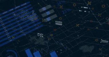 Arayüz canlandırma tablosu açılıyor, ölçü, eğik çubuklar, kayan daireler, verileri gösteren bir harita oluşturuluyor. Gelecekçi, dinamik, veri, görselleştirme, teknoloji, arayüz, analiz