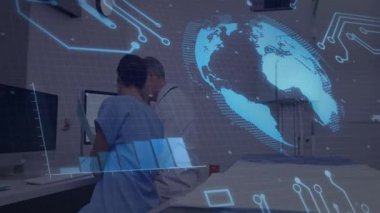 Hemşire holografik arayüzü etkinleştirirken doktor sağlık eğilimlerini inceliyor. Tıbbi teknoloji, sağlık hizmeti, veri görselleştirme, fütüristik, işbirliği, dijital arayüz, klinik