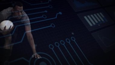 Holografik veriler spor analizi için güç dalışı yaparken sporcu beşik topunun çömelmesi. Spor, teknoloji, yenilik, fütürizm, biyomekanik, görselleştirme, performans