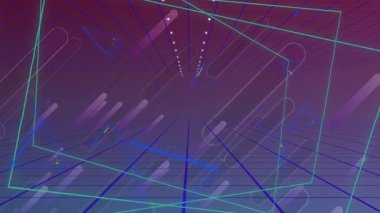 Dönen neon yeşil altıgen çerçeve kılavuz pastel kapsüller mavi ızgara tüneli boyunca, sarı çubuk. Fütürist, dijital, soyut, enerjik, hareketli, sürükleyici, teknolojik