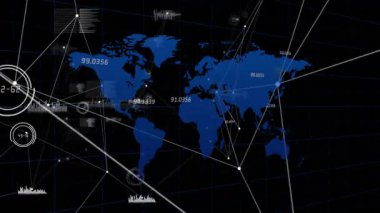 Mavi dünya haritasını gösteren arayüz açılıyor, daireler çiziyor, sayısal etiketler ve ağ çizgileri açılıyor. Teknoloji, veri görselleştirme, dijital arayüz, siber güvenlik, bağlantı, analitik, yenilik