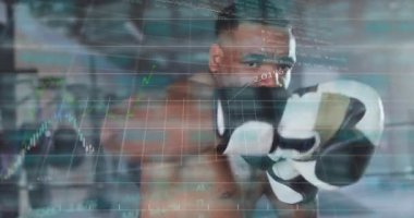 Kameraya yumruk atmak, dijital grafikler piyasa verilerini titretirken boksör yumruk atmak. Sporcu, dövüş, güç, performans, yenilik, esneklik, kararlılık