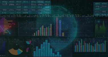 Küre atımında, canlandırılmış veri gösterge paneli eğilimleri görselleştirmek için tablo ve grafikleri güncelliyor. Gelecekçi, analitik, görselleştirme, teknoloji, dijital, soyut, gösterge paneli