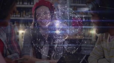 Akıllı telefonları dinleyen arkadaşlar, tablet tabletin üzerinde gezinen sanal dünyayı oluşturuyorlar. İşbirliği, yenilik, bağlantı, modern, sosyal, ağ, fütüristik