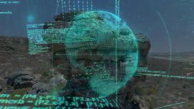 Holografik küreyi oluşturmaya başladıktan sonra titreşen kodlar geri çekiliyor analiz için geri çekiliyor. Gelecek, teknoloji, dijital, yenilik, veri, soyut, keşif