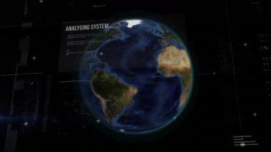 Başlangıçta 3 boyutlu Dünya küresi ortaya çıktı, UI kaplama kaydırması, çubuklar analizi tamamladı. Küresel, teknoloji, arayüz, veri, fütüristik, dijital, görselleştirme