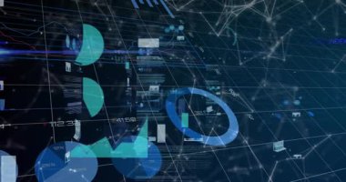 Karanlık şebeke ortaya çıkıyor, halka ortaya çıkıyor, turta dönüyor, çizgi süpürme, çubuklar yükseliyor, UI verileri güncelliyor. Fütüristik, teknoloji, analitik, görselleştirme, yenilik, veri, dijital