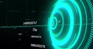 İçe doğru dönen deniz mavisi halkaları üzerinde arayüz canlı veri akışı, dalga biçimi atımı, güncellenen numaralar. Gelecek, teknoloji, dijital, yüksek teknoloji, veri, arayüz, animasyon
