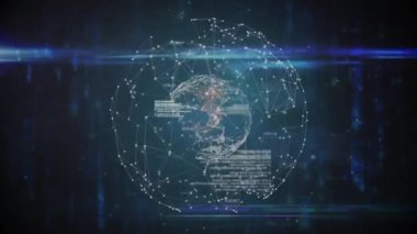 Dijital küre maddeleşiyor, tarama ışını süpürüyor, kırmızı çekirdek 3 numaraya geçiyor, kod oluşturma çubuğu. Teknoloji, yenilik, veri, siber güvenlik, ağ, dijitalizm, fütürizm