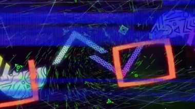 Soyut ızgara görselleri boşlukta gelişiyor, işaretler birleşiyor, daire patlıyor, AURORA kayıyor. Fütürist, dijital, neon, geometrik, dalgın, canlı, siber