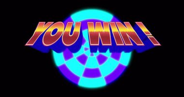 Siyah ekran açılışı 3D You WIN metin döndürme siyah disk genişletme işareti kazandığını gösteriyor. Kutlama, zafer, başarı, hareket grafikleri, dijital animasyon, oyun arayüzü, başarı