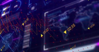 Yüksek teknolojili ekran açılıyor, gösterge tırmanışı gösteriliyor, sıcak noktalar yanıp sönüyor, izleme için dalga şeklini değiştiriyor. Teknoloji, analitik, görselleştirme, dijital, fütüristik, veri, arayüz