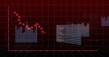Kırmızı noktalı çizgi çubukların üzerinde başlatılıyor. Kamera döndükçe aşağı doğru giden eğilim veri düşüşünü gösteriyor. Analizler, veri görselleştirme, grafik, bilgi grafikleri, dijital ortam, finans, istatistik