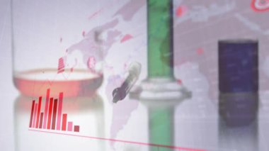 Damlacık şişeye doğru inerken şırınga, sıvı ve kırmızı çubuklar haritada yükseliyor. Bilimsel, analitik, fütüristik, veri görselleştirme, biyoteknoloji, araştırma, yenilik