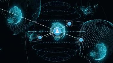 Sahne ev sahipliği yapan deniz mavisi noktalı küreler kullanıcı simgesi oluşturarak ağ oluşturan düğümleri birbirine bağlayan çizgiler oluşturuyor. Teknoloji, bağlantı, siber alan, dijital, ağ, veri, soyut