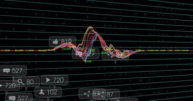 Neon yeşil ızgarada titreşen dalga formu sonra veri göstermek için tepeyi yükseltiyor, simgeler yüzüyor ve güncelleniyor. Veri görselleştirme, analitik, dijital arayüz, fütüristik, neon, teknoloji, grafikler
