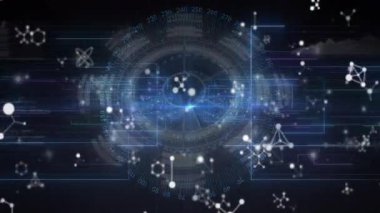 Başlangıçta ortaya çıkan noktalarda, moleküler halkalar olarak dönerek arayüzü etkinleştirmek için içe doğru sürüklenirler. Teknoloji, fütürizm, yenilik, dijital, arayüz, bilim, siber güvenlik